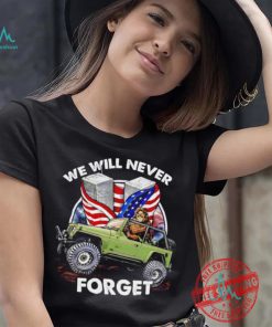 Bigfoot riding Jeep we will never forget American flag shirt