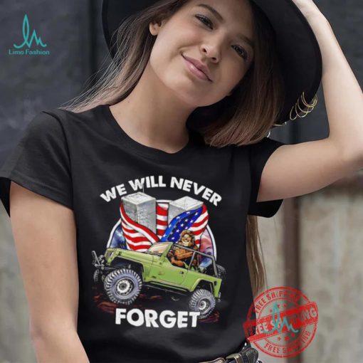 Bigfoot riding Jeep we will never forget American flag shirt