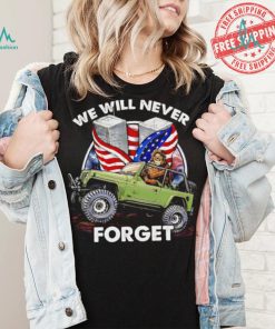 Bigfoot riding Jeep we will never forget American flag shirt