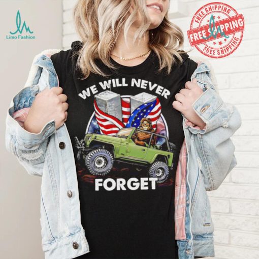 Bigfoot riding Jeep we will never forget American flag shirt