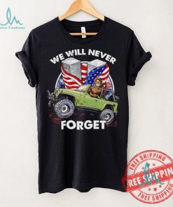 Bigfoot riding Jeep we will never forget American flag shirt