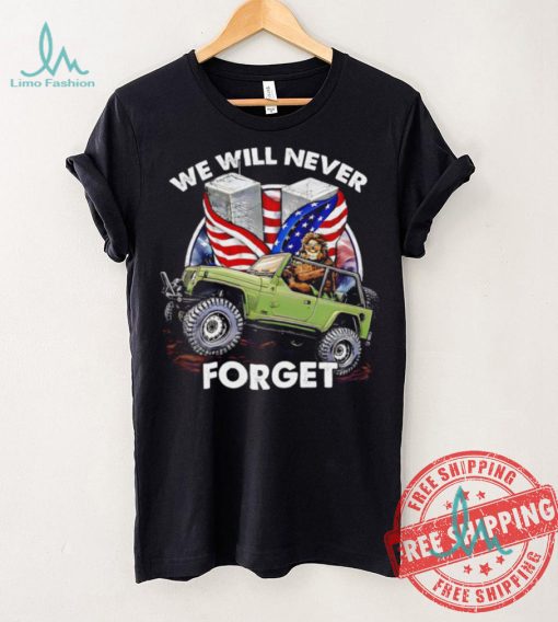 Bigfoot riding Jeep we will never forget American flag shirt