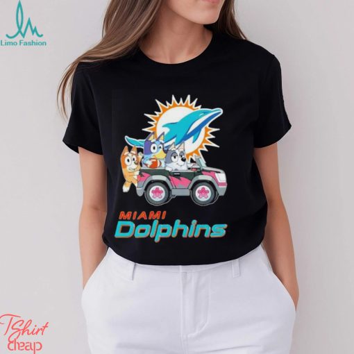 Bluey Bingo and Muffin in the car Miami Dolphins NFL 2024 shirt