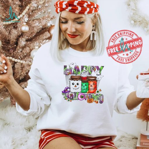 Happy Halloween Shirt   Cute Ghosts & Pumpkin Jars Design   Women’s Fall T Shirt