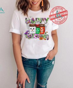 Happy Halloween Shirt Cute Ghosts & Pumpkin Jars Design Women's Fall T Shirt