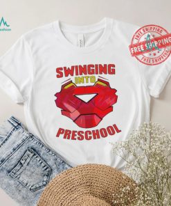 Iron man swinging into preschool shirt