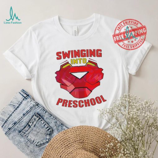 Iron man swinging into preschool shirt