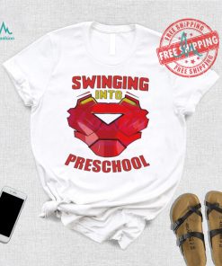 Iron man swinging into preschool shirt