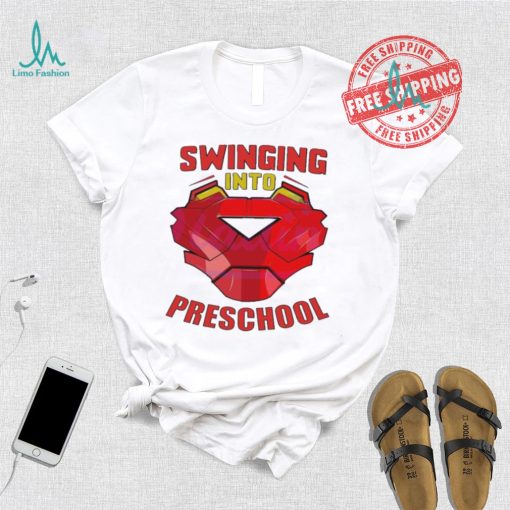 Iron man swinging into preschool shirt