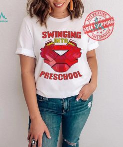 Iron man swinging into preschool shirt