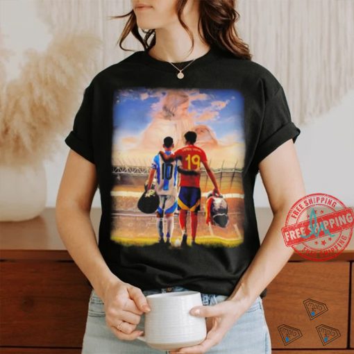 Lionel Messi and Lamine Yamal Champions shirt