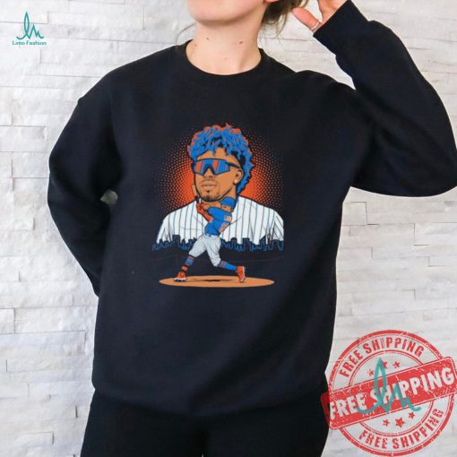New York Mets Francisco Lindor pose city skyline neon shirt
