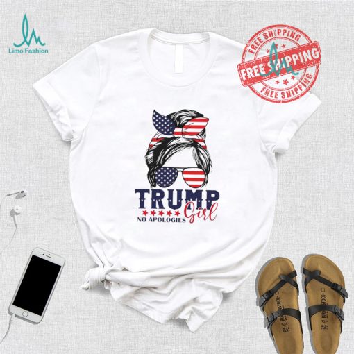 Official Trump Girl No Apologies Messy Bun Trump 2024 American Flag T Shirt