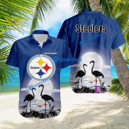 Pittsburgh Steelers NFL Team With Flamingo Moon Pattern Button Down Hawaiian Shirt For Big Fans Custom Name