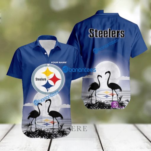 Pittsburgh Steelers NFL Team With Flamingo Moon Pattern Button Down Hawaiian Shirt For Big Fans Custom Name