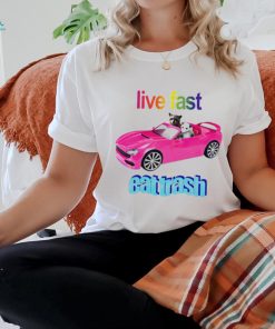 Raccoon vs possum riding pink car live fast eat trash shirt