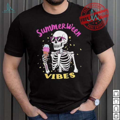 Skeleton eating ice cream summerween vibes shirt