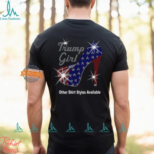 Trump Girl with Patriotic American Flag High Heel Stiletto RHINESTONE Mega Bling Shirt, MEGA Trump 47, Take Back America, I Stand With Trump