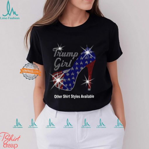 Trump Girl with Patriotic American Flag High Heel Stiletto RHINESTONE Mega Bling Shirt, MEGA Trump 47, Take Back America, I Stand With Trump