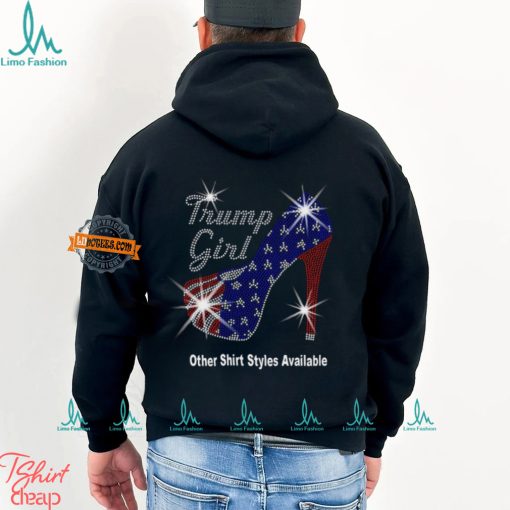 Trump Girl with Patriotic American Flag High Heel Stiletto RHINESTONE Mega Bling Shirt, MEGA Trump 47, Take Back America, I Stand With Trump