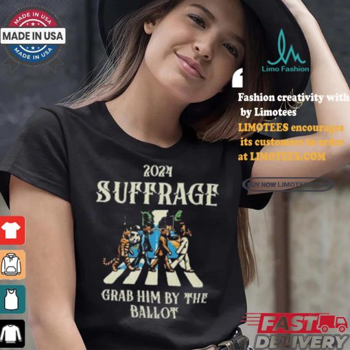 2024 Suffrage Grab Him By The Ballot Childless Cat Lady Kamala Harris Cat Walking Walking Abbey Road T shirt