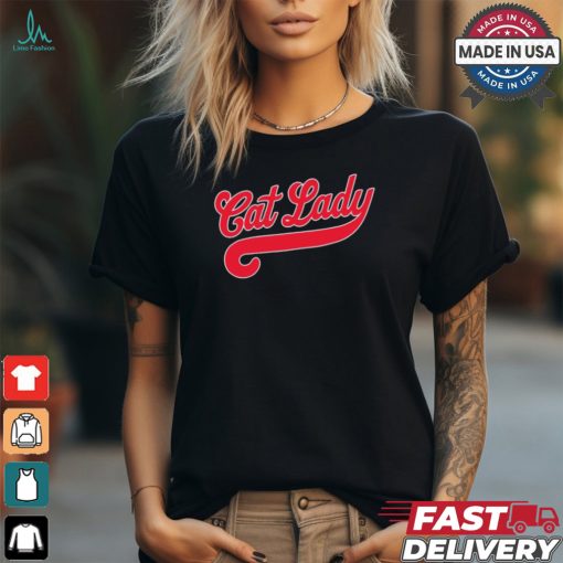 Cat Lady Baseball Script Red Logo t shirt