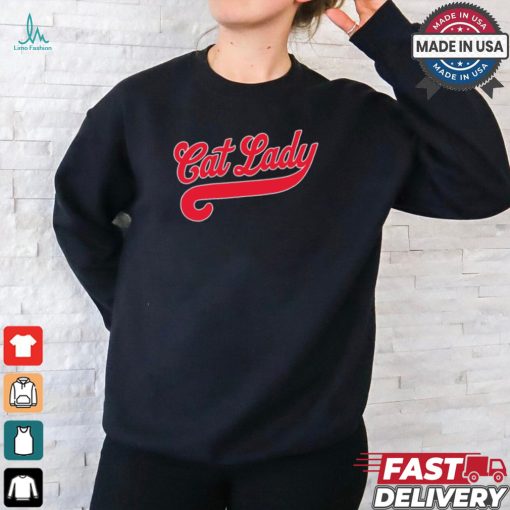 Cat Lady Baseball Script Red Logo t shirt