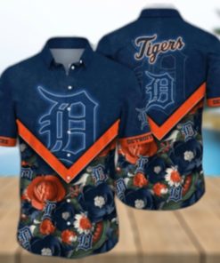 Detroit Tigers Navy Blue Hibiscus And Orange Highlights Aloha Shirt