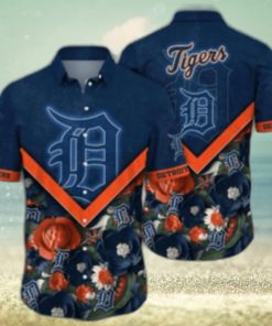 Detroit Tigers Navy Blue Hibiscus And Orange Highlights Aloha Shirt