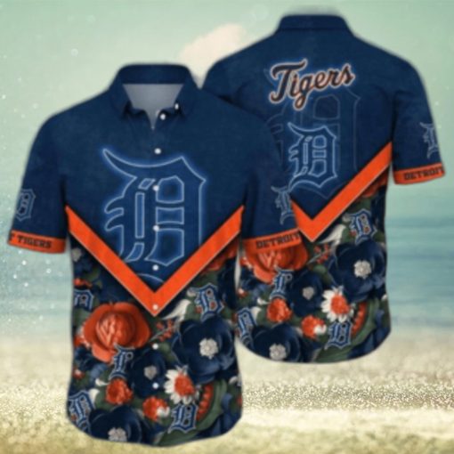 Detroit Tigers Navy Blue Hibiscus And Orange Highlights Aloha Shirt