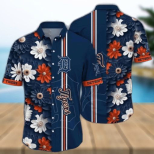 Detroit Tigers Tropical Navy Hawaiian Shirt With White Orange Floral Patterns