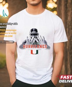 Football player garb Miami Hurricanes logo shirt