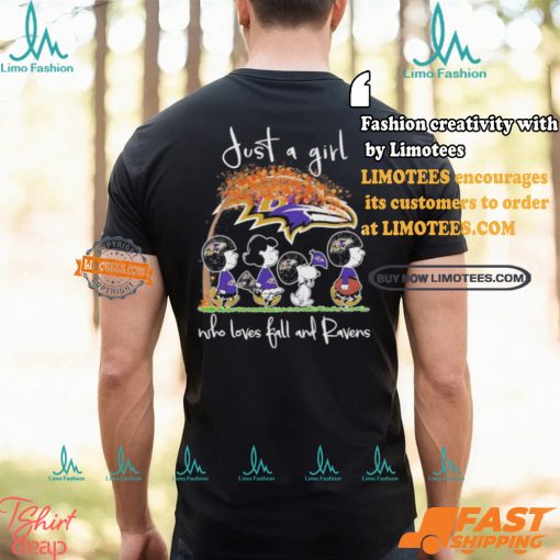 Just A Girl Who Loves Fall And Baltimore Ravens X Peanuts Characters Shirt