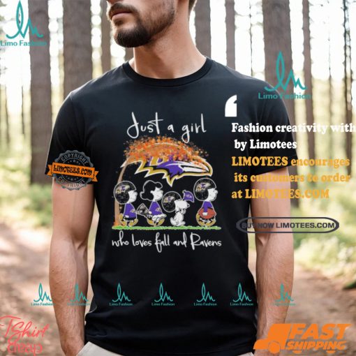Just A Girl Who Loves Fall And Baltimore Ravens X Peanuts Characters Shirt