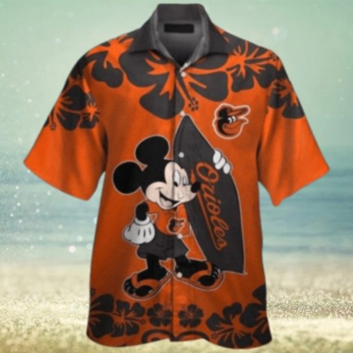 Mickey Mouse Graphic Baltimore Orioles Tropical Hibiscus Flower Hawaiian Shirt