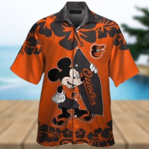 Mickey Mouse Graphic Baltimore Orioles Tropical Hibiscus Flower Hawaiian Shirt