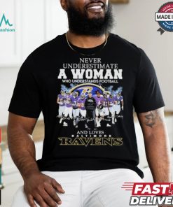 Never Underestimate A Woman Who Understands Football And Love Baltimore Ravens 2024 Signatures Shirt