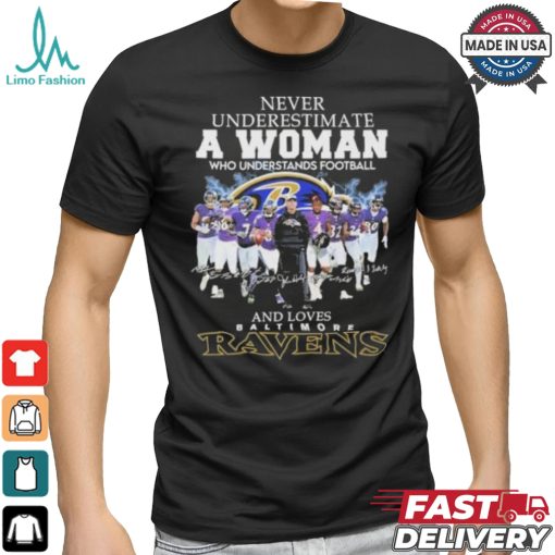 Never Underestimate A Woman Who Understands Football And Love Baltimore Ravens 2024 Signatures Shirt