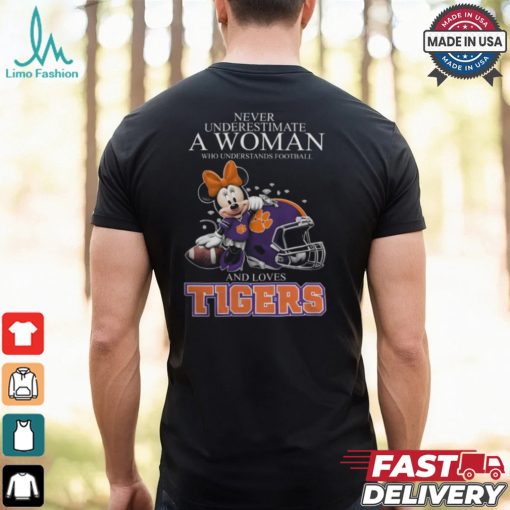 Never Underestimate A Woman Who Understands Football And Loves Clemson Tigers x Minnie Mouse T Shirt