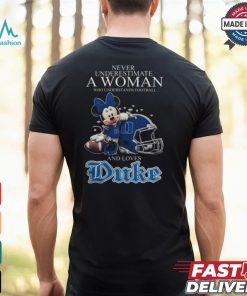 Never Underestimate A Woman Who Understands Football And Loves Duke Blue Devils x Minnie Mouse T Shirt