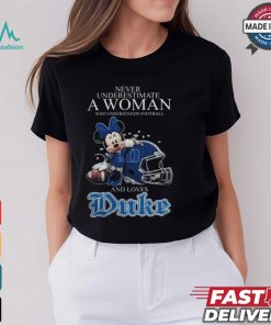 Never Underestimate A Woman Who Understands Football And Loves Duke Blue Devils x Minnie Mouse T Shirt
