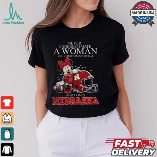Never Underestimate A Woman Who Understands Football And Loves Nebraska Cornhuskers x Minnie Mouse T Shirt