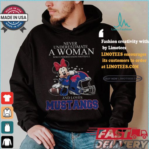 Never Underestimate A Woman Who Understands Football And Loves SMU Mustangs x Minnie Mouse T Shirt