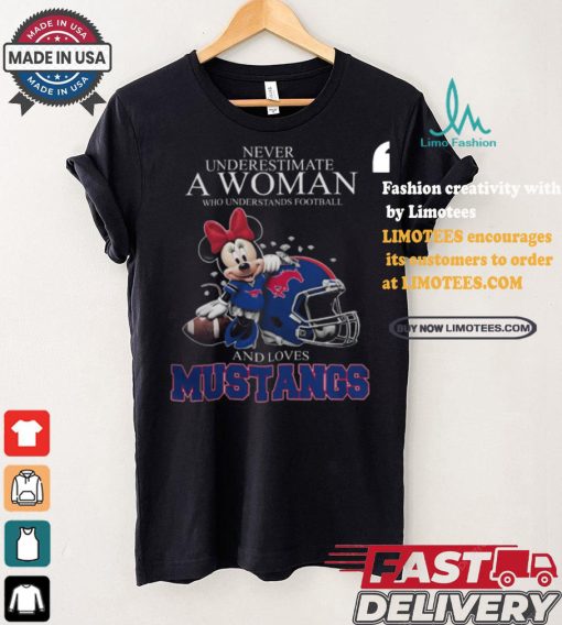 Never Underestimate A Woman Who Understands Football And Loves SMU Mustangs x Minnie Mouse T Shirt