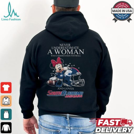 Never Underestimate A Woman Who Understands Football And Loves South Alabama Jaguars x Minnie Mouse T Shirt