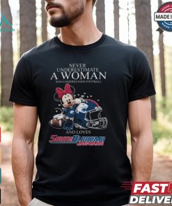 Never Underestimate A Woman Who Understands Football And Loves South Alabama Jaguars x Minnie Mouse T Shirt
