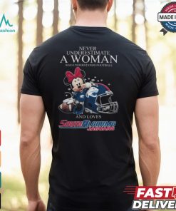 Never Underestimate A Woman Who Understands Football And Loves South Alabama Jaguars x Minnie Mouse T Shirt