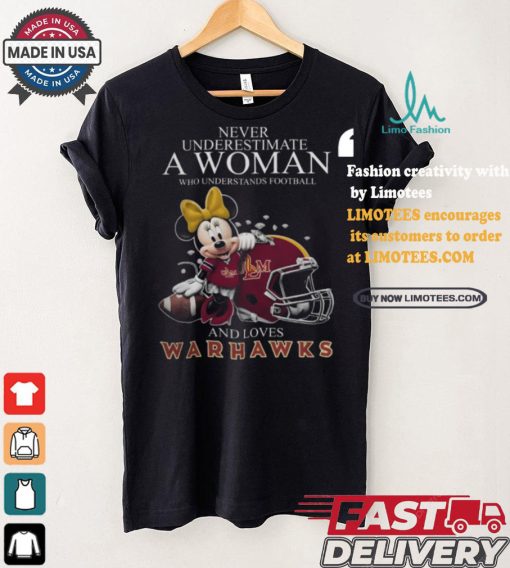 Never Underestimate A Woman Who Understands Football And Loves ULM Warhawks x Minnie Mouse T Shirt