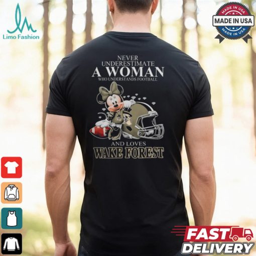 Never Underestimate A Woman Who Understands Football And Loves Wake Forest Demon Deacons x Minnie Mouse T Shirt