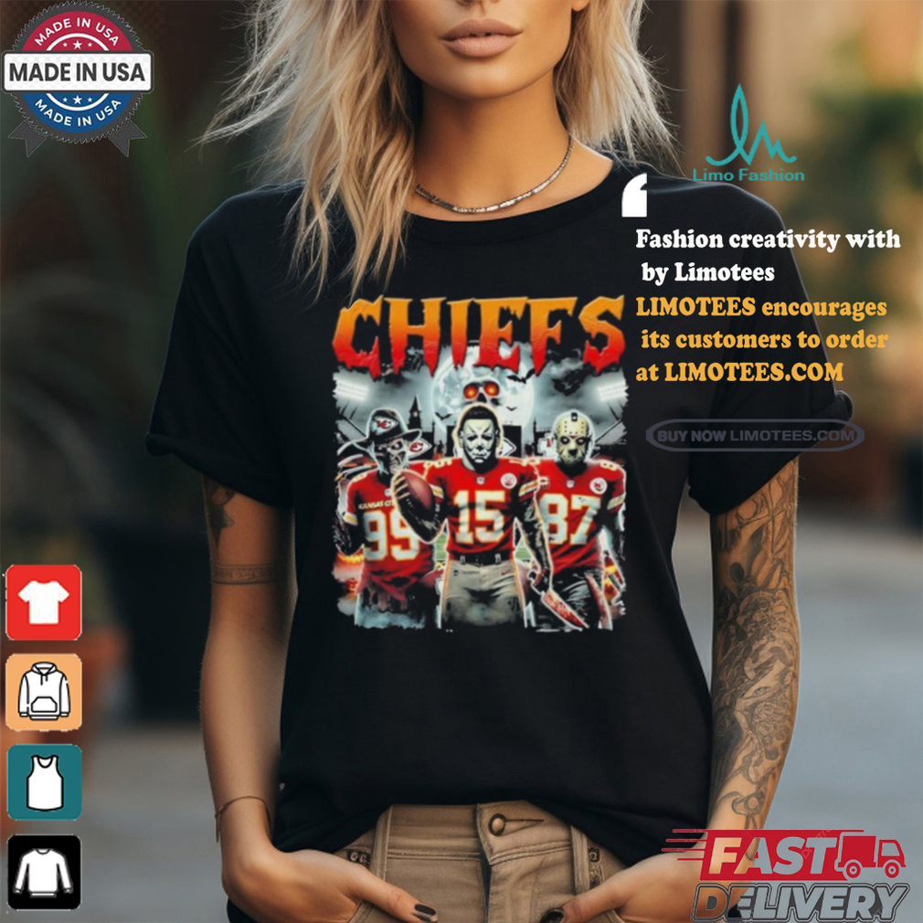 Official Kansas City Chiefs Halloween Horror Movie Patrick Mahomes Travis Kelce And Khalen Saunders Shirt